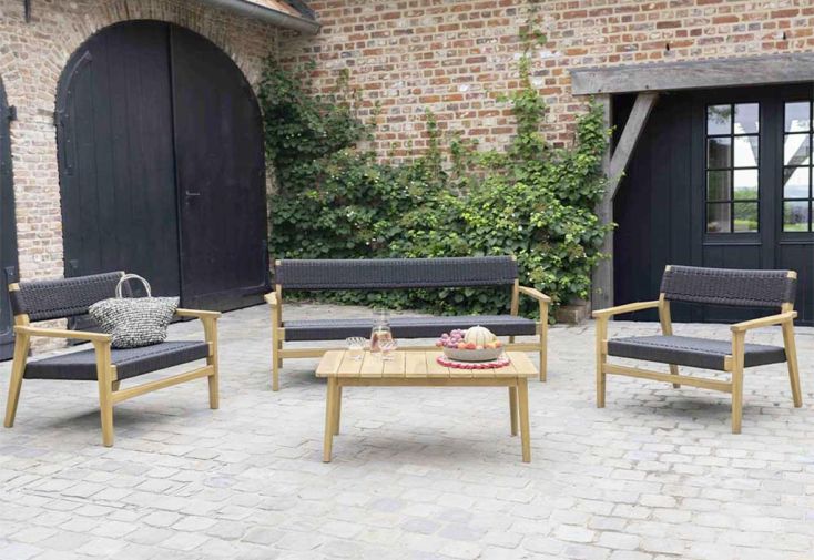 Salon de jardin en bois de teck et cordage tissé noir 4 places - Manille