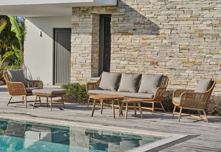 Salon de jardin 5 places en aluminium, teck et corde tissée – Palmas