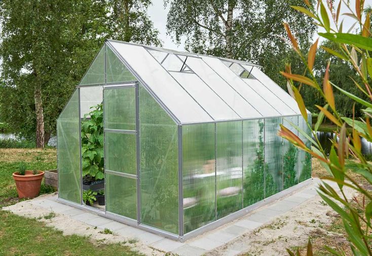 Serre de Jardin en polycarbonate de 9 m² avec embase - Gris métallique -  COROLLE II