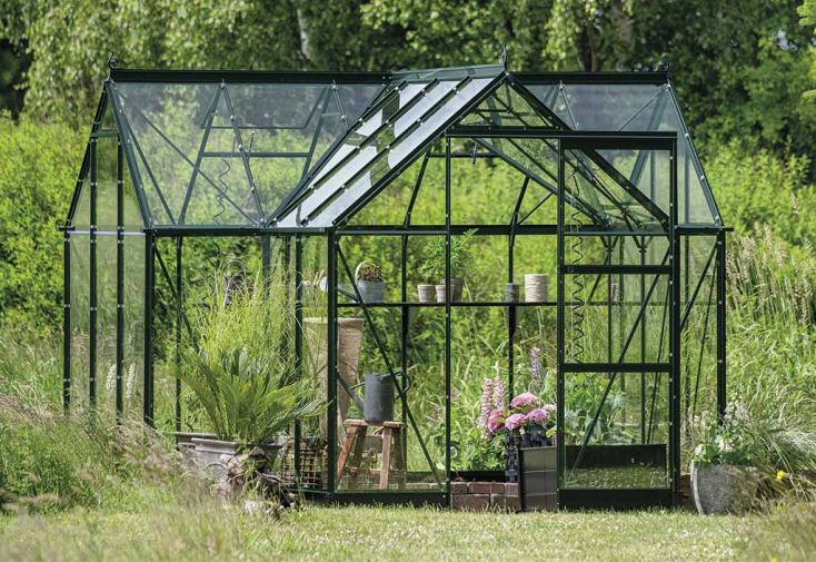 Serre en verre trempé style orangerie ICON Gardenhouse 6 vert – 8,6 m²