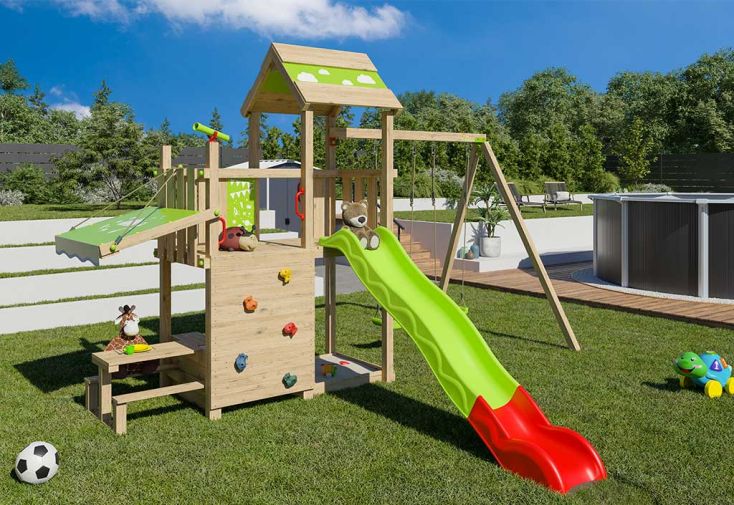 Aire de jeux en bois traité portique 2 balançoires – Snack Xpression