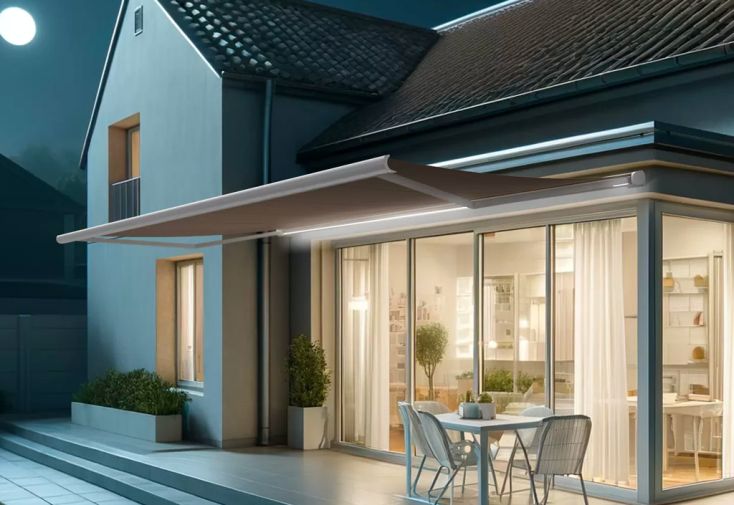 Store banne motorisé coffre intégral + LED 6 x 3,5 m - Hevoa blanc / taupe