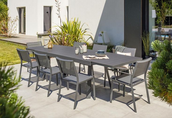 Table de jardin extensible en aluminium et teck 6/10 places