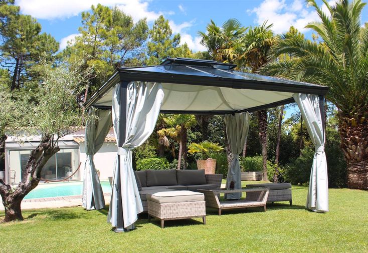 Tonnelle en aluminium et polycarbonate 3 x 3,60 m + rideaux - Opale
