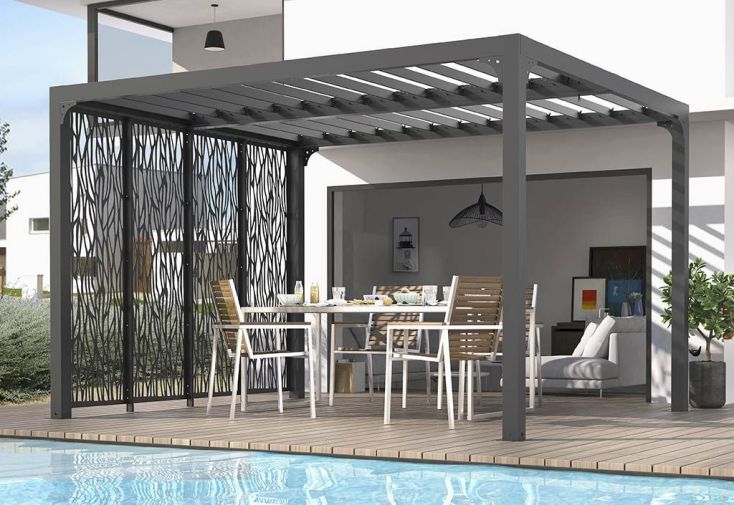 Pergola bioclimatique autoportée lames orientables 11 m² + brise-vue 1 face 3 m