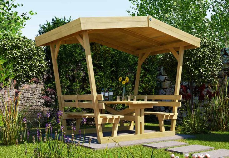 Tonnelle en bois de pin traité avec table et bancs – 2,93 m²