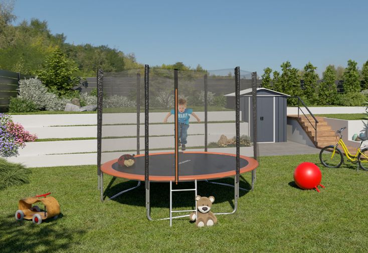Trampoline de jardin sur pieds Ø305 cm + filet de sécurité et échelle