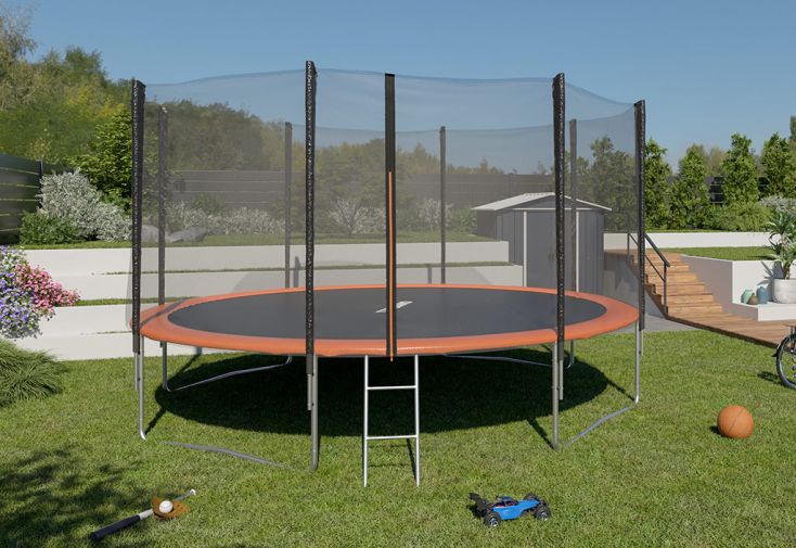 Trampoline de jardin sur pieds Ø427 cm + filet de sécurité et échelle