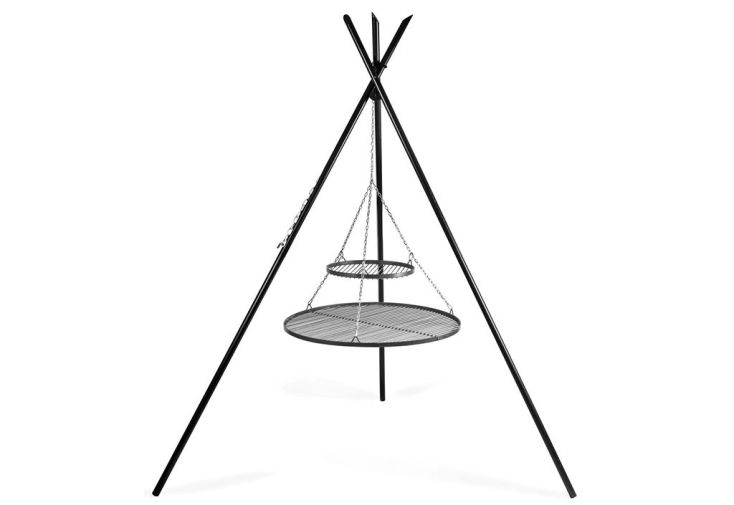 Trépied Tipi et 2 Grilles de Cuisson Ronde Acier Brut pour Braséro