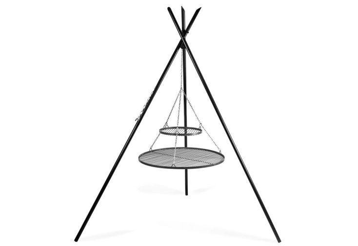 Trépied Tipi et 2 Grilles de Cuisson Ronde Acier Brut pour Braséro