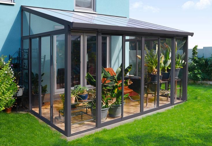 Véranda alu gris en kit polycarbonate verre - Sanremo 3 x 4,35 m