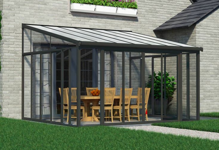 Véranda alu gris en kit polycarbonate verre - Sanremo 3,85 x 4,35 m