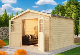 remise de jardin en bois avec double porte vitrée ouverte
