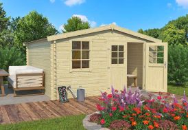 abri de jardin en bois d'épicéa brut avec une toiture à double pente et double porte vitrée
