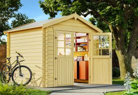 Abri de jardin en bois brut avec double porte vitrée et toit à double pente