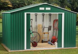 Cabane de jardin en métal vert pin avec double porte coulissante Duramax 10 x 8