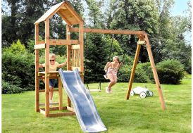 Aire de jeux en bois Soulet avec portique et toboggan