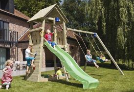 aire de jeux pour enfants en bois avec toboggan et portique 