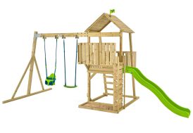Aire de jeux en bois pour enfants avec toboggan, bac à sable, mur d'escalade et portique balançoire