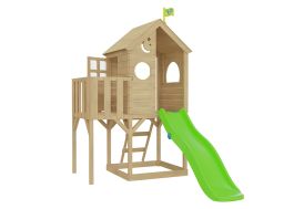 Aire de jeux en bois avec cabane, toboggan et bac à sable