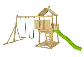 Aire de jeux extérieure avec toboggan, portique et mur d'escalade
