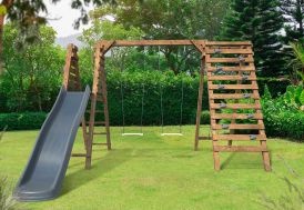 Aire de jeux en bois portique balançoires, toboggan et escalade – Isis