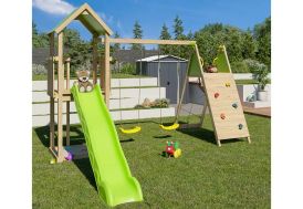 Aire de jeux en bois 2 balançoires, un toboggan et un mur d'escalade Aléo by Trigano