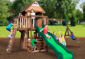 Grande aire de jeux en bois avec balançoires, toboggan et maisonnette pour enfants Mount Triumph