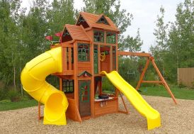 Aire de jeux géante en bois de cèdre avec portique, 2 toboggans et cabanes