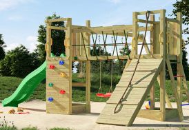 Aire de jeux avec portique en bois et toboggan