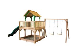 aire de jeux bois hemlock fsc toboggan, cabane, bac à sable et balançoires