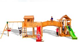 Aire de Jeux en Bois de Pin Traité Portique Balançoire + 2 Toboggans Fungoo Smile Farm