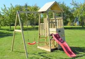 Aire de jeux en bois avec portique balançoire, toboggan et muret d'escalade