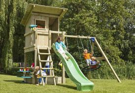 Aire de jeux en bois avec balançoires et toboggan