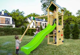 Aire de jeux en bois avec toboggan et portique double