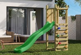 Tour de jeux en bois avec toboggan et mur d’escalade