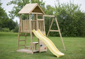 Aire de jeux en bois portique balançoire, toboggan et table de pique-nique