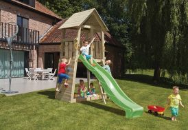 aire de jeux avec toboggan, cabane et bac à sable en bois autoclave