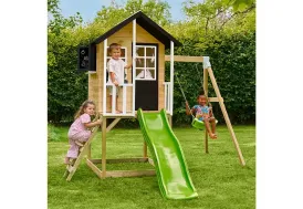 Cabane pour enfant sur pilotis avec balançoire et toboggan