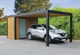 Carport en aluminium noir et en bois avec abri rangement porte vitrée