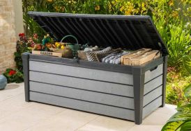 Duramax Cedargrain Durabox 416 Litre/ 110 Gallon coffre de rangement de  jardin en plastique pour terrasse, coffre à coussins en plastique avec  cylindre hydraulique, boîte de patio, Marron foncé : : Jardin