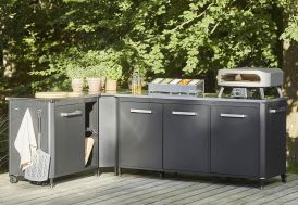 Cuisine extérieure en acier et inox : 2 meubles 180 cm + 90 cm + angle