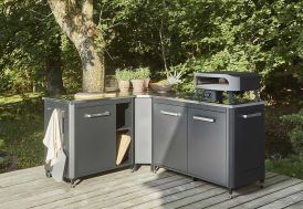 Cuisine extérieure en acier zingué et inox : 2 meubles + angle