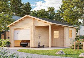 Garage en bois 44 mm avec porte sectionnelle + auvent 5 m² - Roger 22 m² Palmako