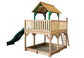 aire de jeux en bois avec cabane pour enfant, toboggan 220 cm et bac à sable