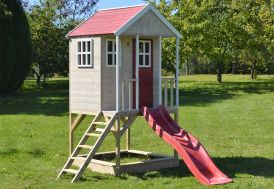 Maisonnette pour enfant en bois avec toboggan en plastique rouge