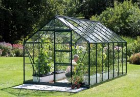 Serre de jardin en aluminium vert laqué et parois verre trempé 3 mm