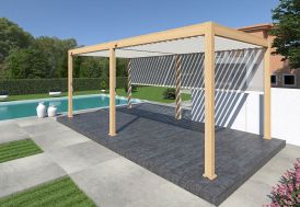 Pergola bioclimatique Ombréa alu 3 x 6 m autoportée - effet bois + 2 stores