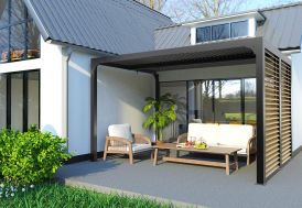 Pergola bioclimatique 10,8 m² - paroi orientable imitation bois 1 côté 3m Habrita