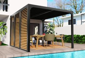 Pergola bioclimatique 10,8 m² paroi orientable effet bois côté 3,60 m Habrita